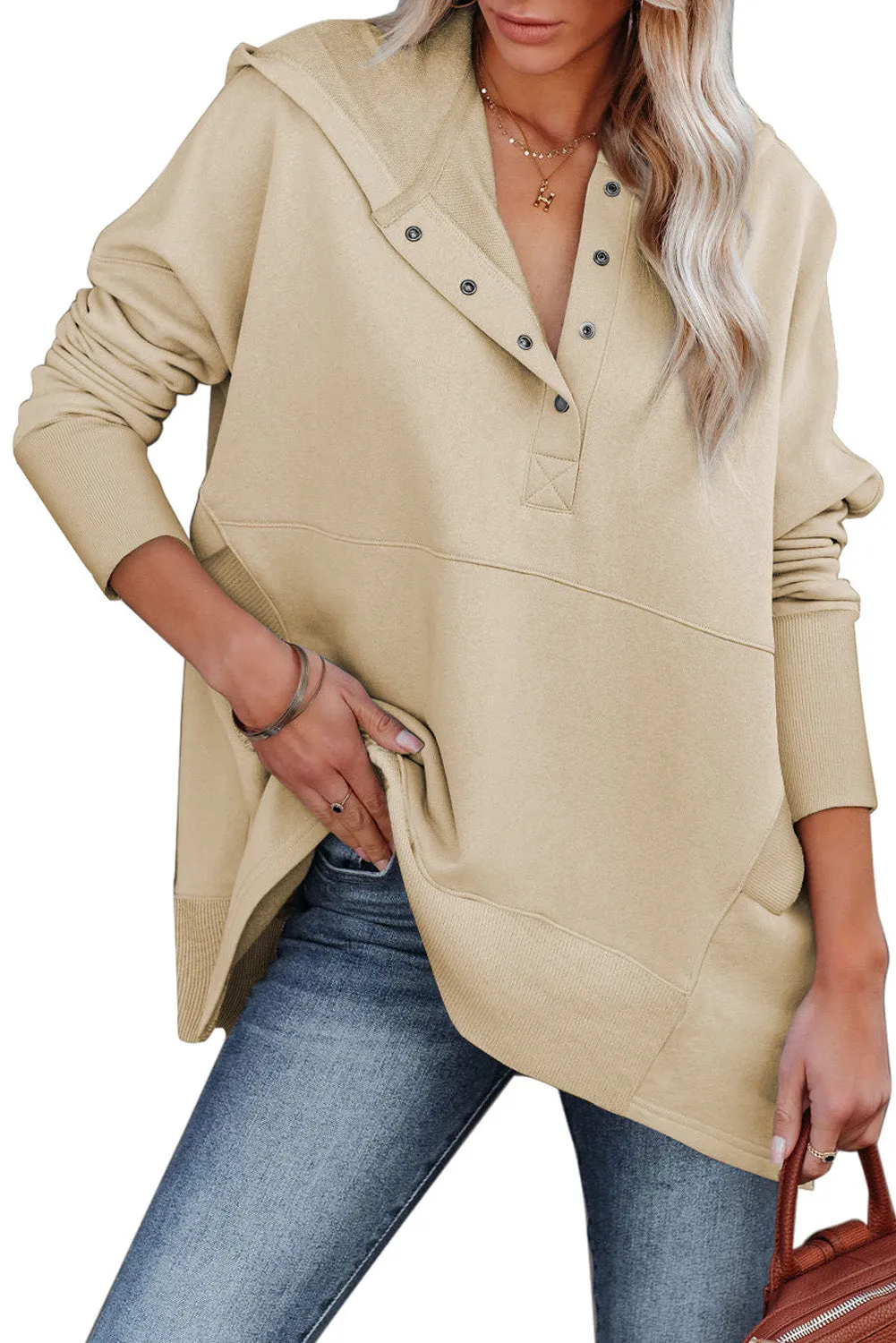 Women's Oversized Hooded Sweatshirt Batwing Sleeve Pocketed Henley Hoodie