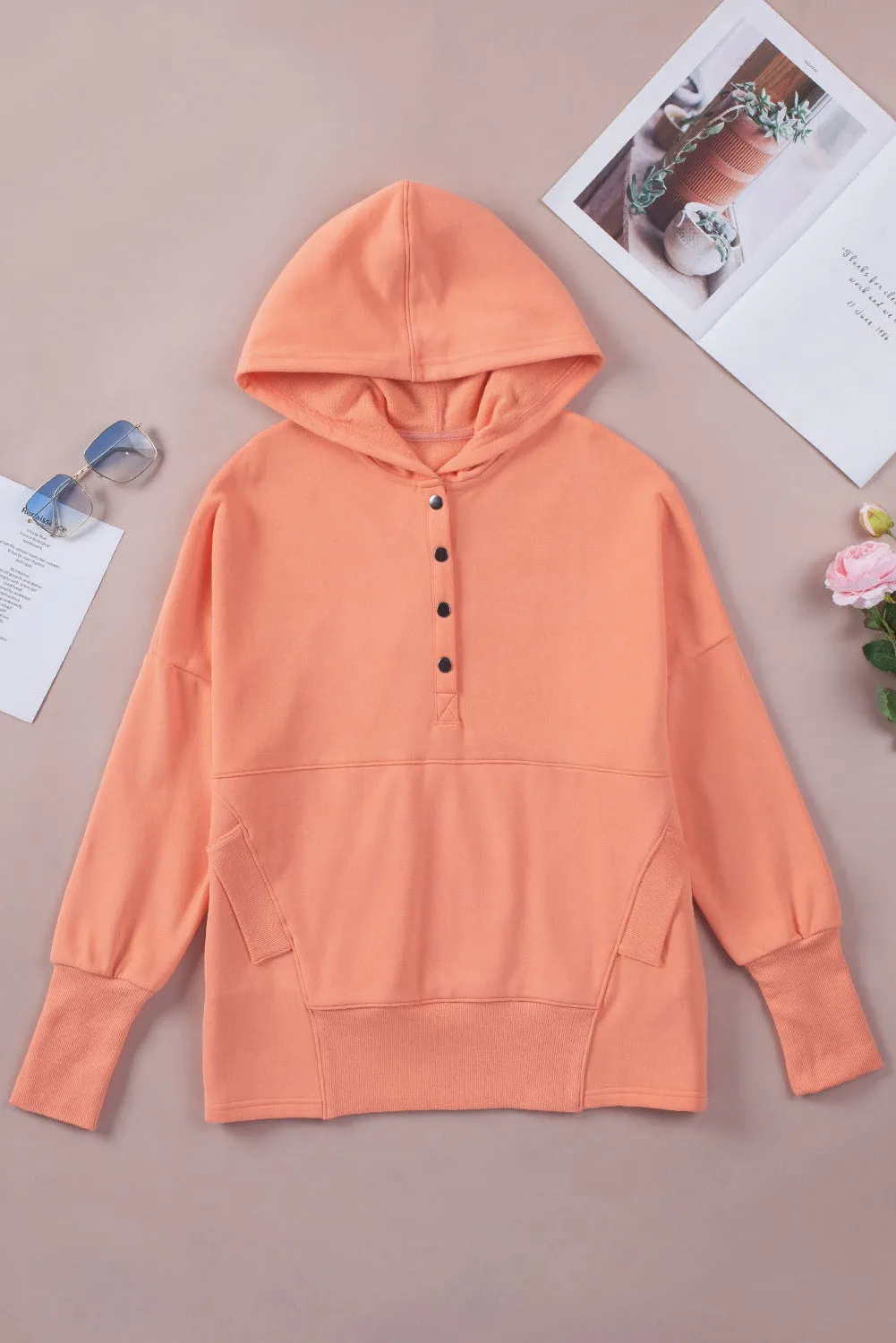 Women's Oversized Hooded Sweatshirt Batwing Sleeve Pocketed Henley Hoodie