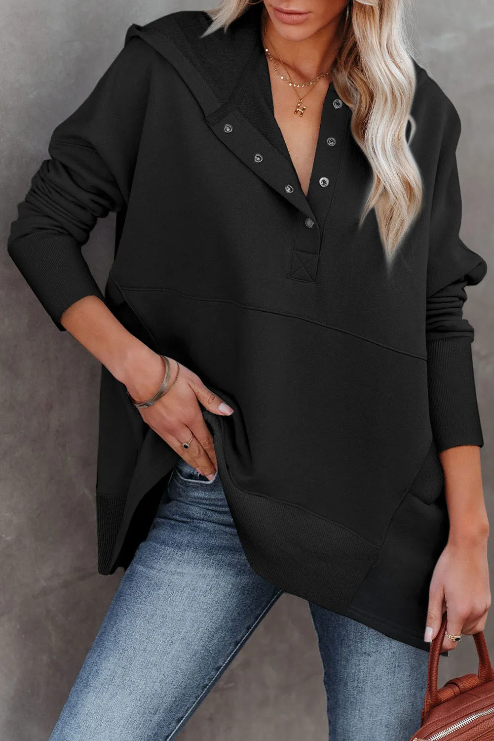 Women's Oversized Hooded Sweatshirt Batwing Sleeve Pocketed Henley Hoodie