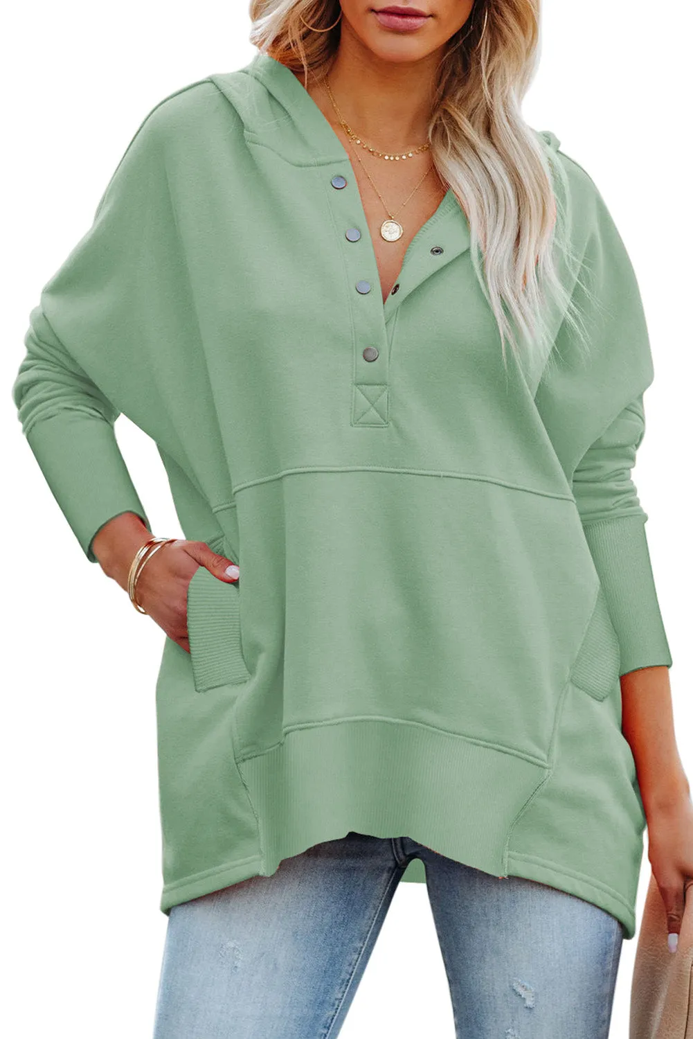 Women's Oversized Hooded Sweatshirt Batwing Sleeve Pocketed Henley Hoodie