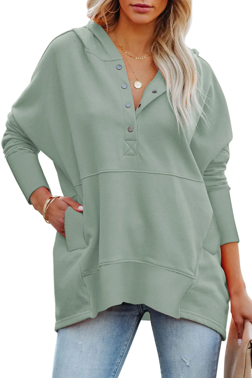 Women's Oversized Hooded Sweatshirt Batwing Sleeve Pocketed Henley Hoodie