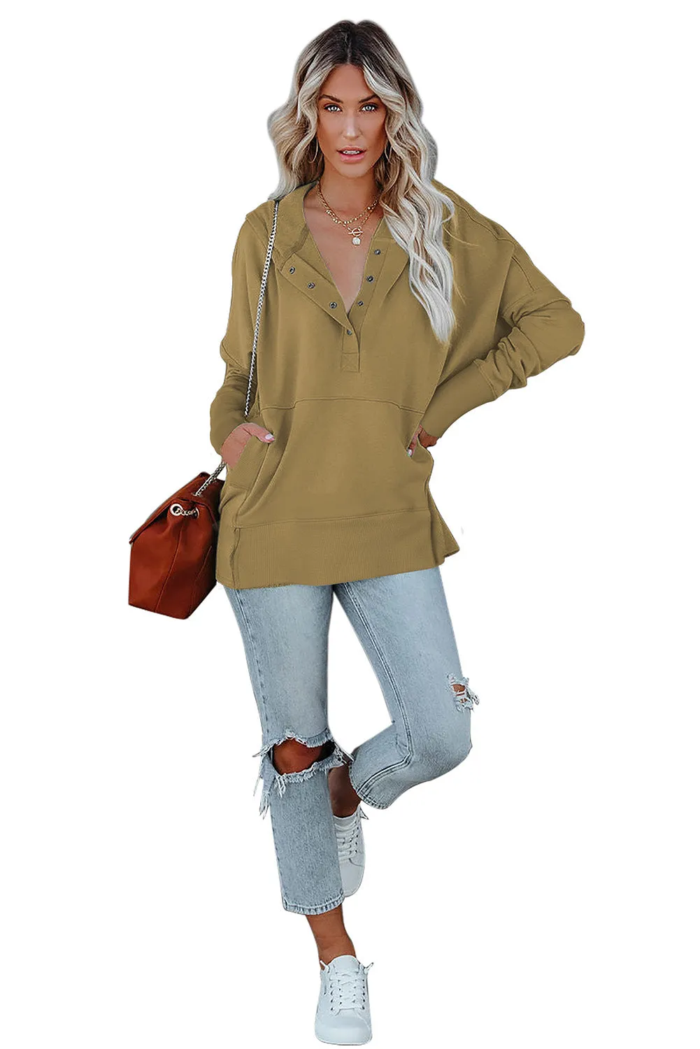 Women's Oversized Hooded Sweatshirt Batwing Sleeve Pocketed Henley Hoodie