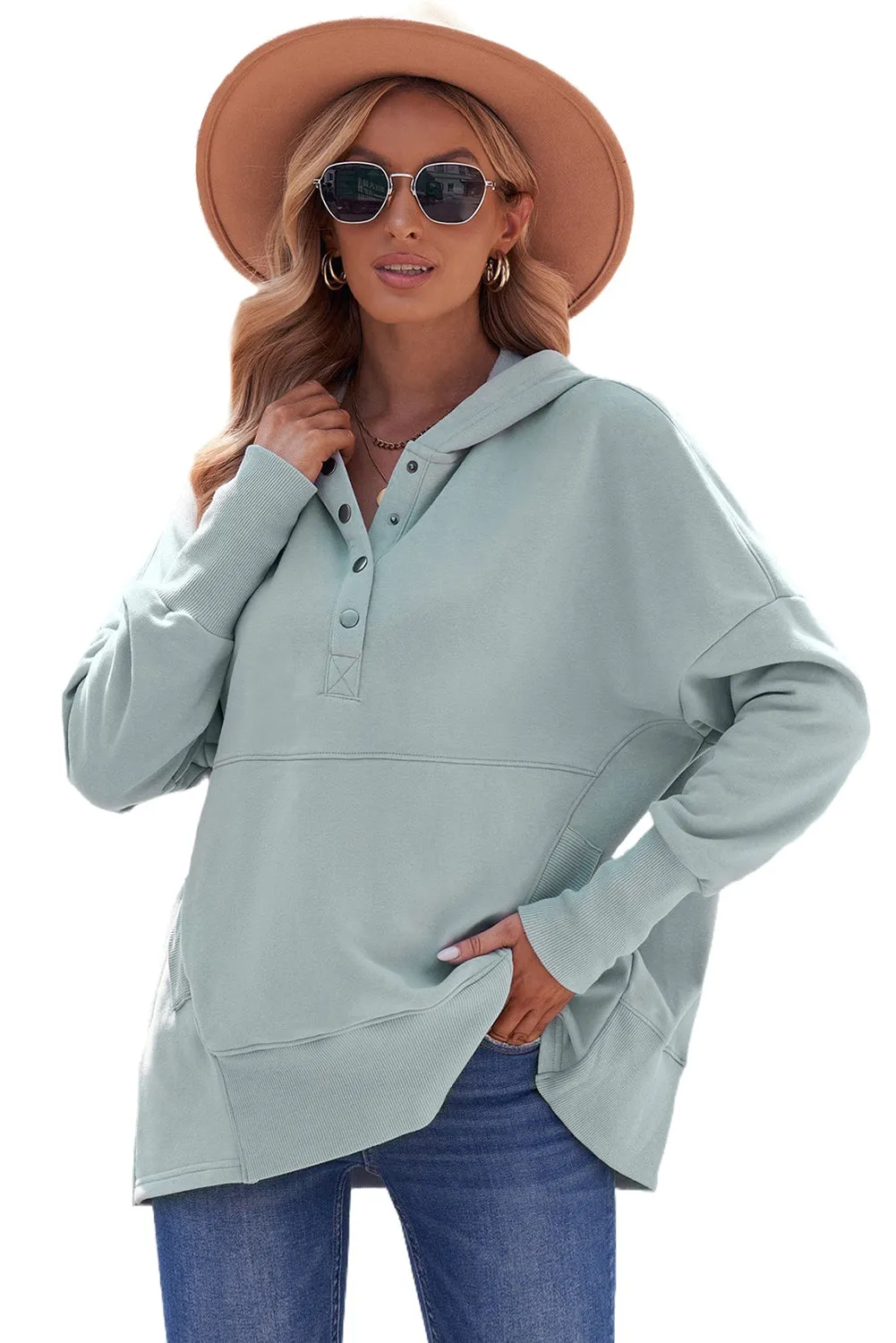 Women's Oversized Hooded Sweatshirt Batwing Sleeve Pocketed Henley Hoodie