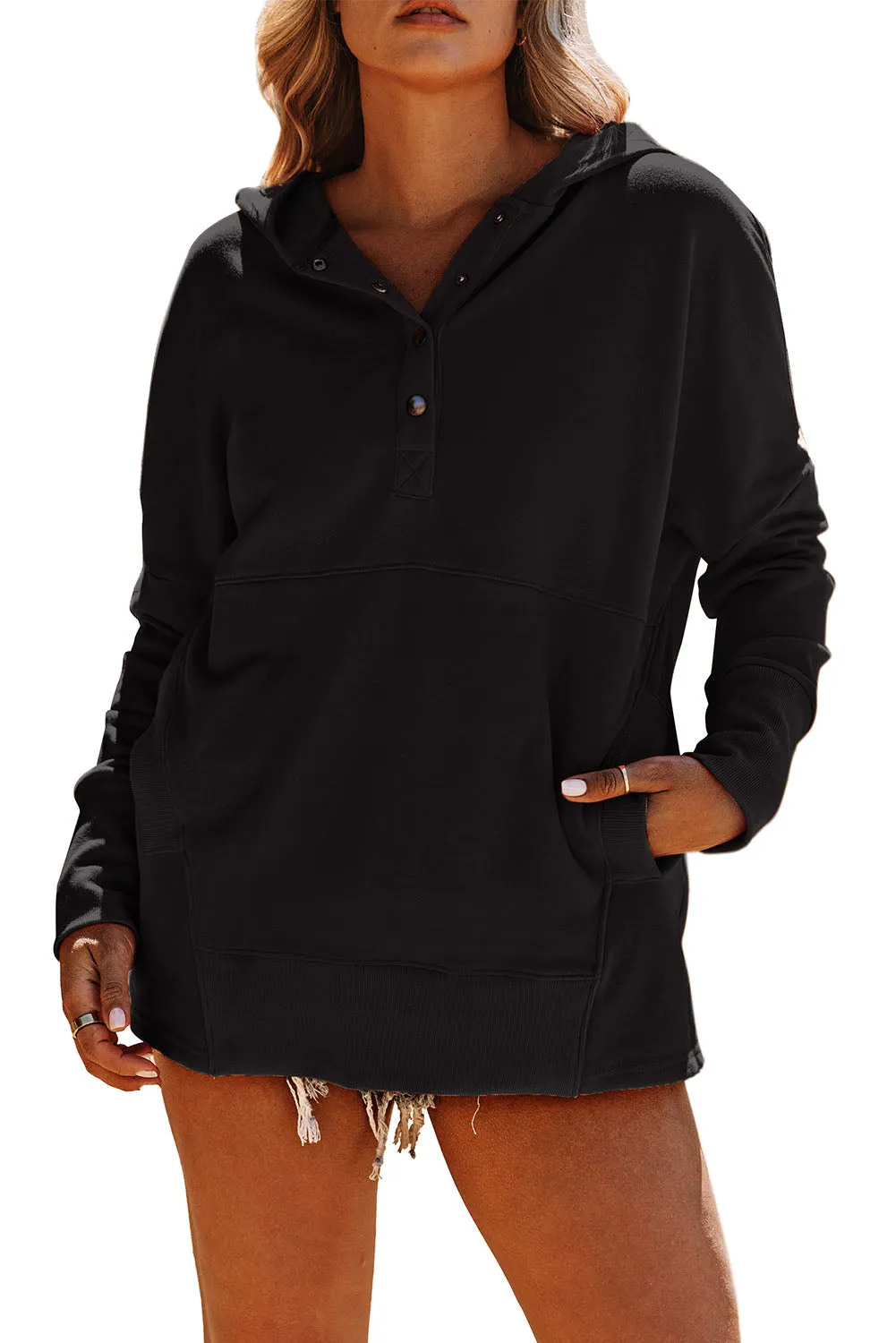 Women's Oversized Hooded Sweatshirt Batwing Sleeve Pocketed Henley Hoodie