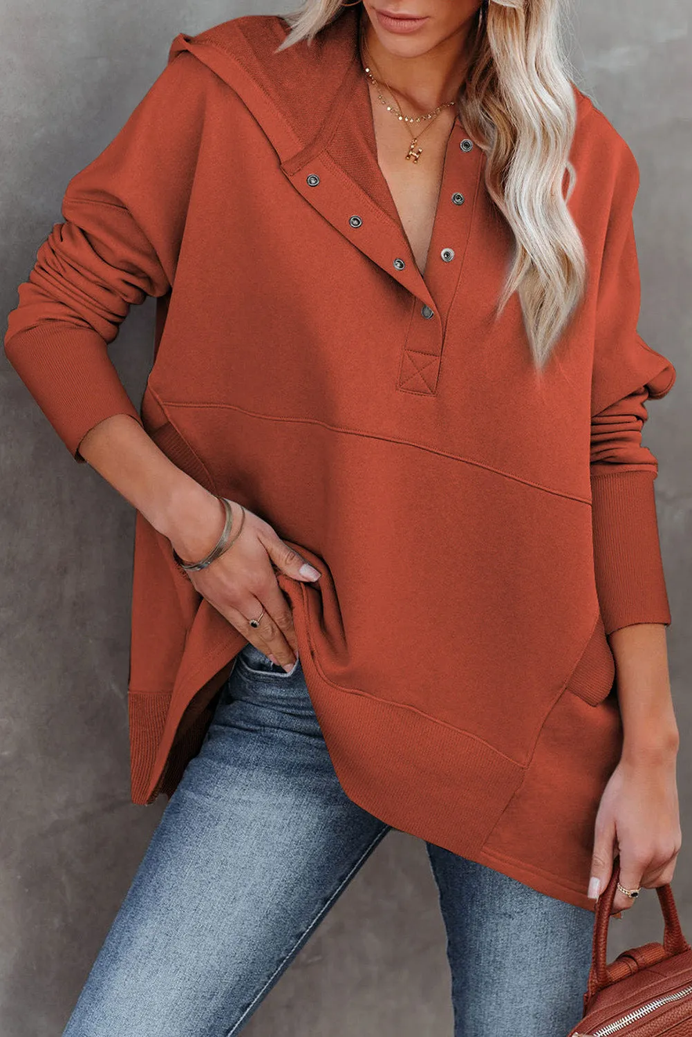 Women's Oversized Hooded Sweatshirt Batwing Sleeve Pocketed Henley Hoodie