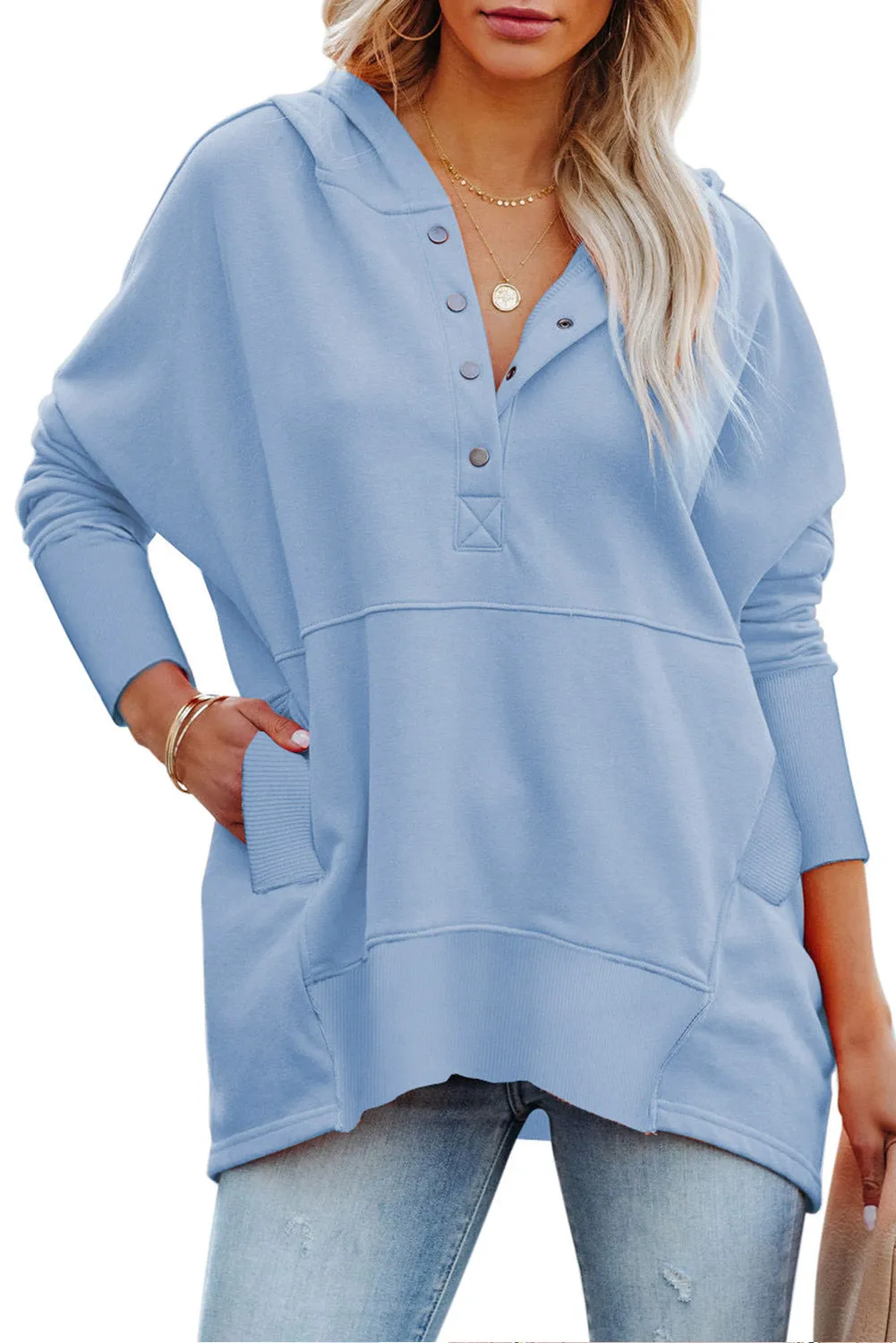 Women's Oversized Hooded Sweatshirt Batwing Sleeve Pocketed Henley Hoodie