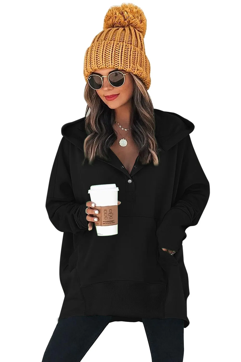 Women's Oversized Hooded Sweatshirt Batwing Sleeve Pocketed Henley Hoodie