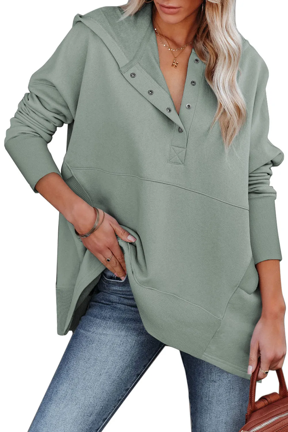 Women's Oversized Hooded Sweatshirt Batwing Sleeve Pocketed Henley Hoodie