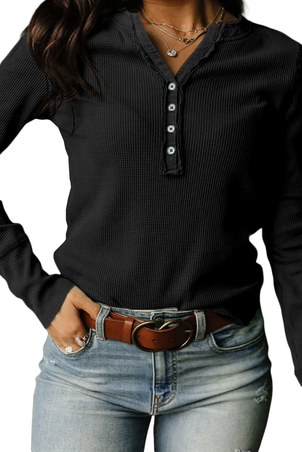 Women's Trimmed Neckline Waffle Knit Henley Top