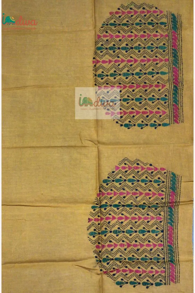 Yellow Kantha Blouse Fabric With Pink, Green & Black Motifs