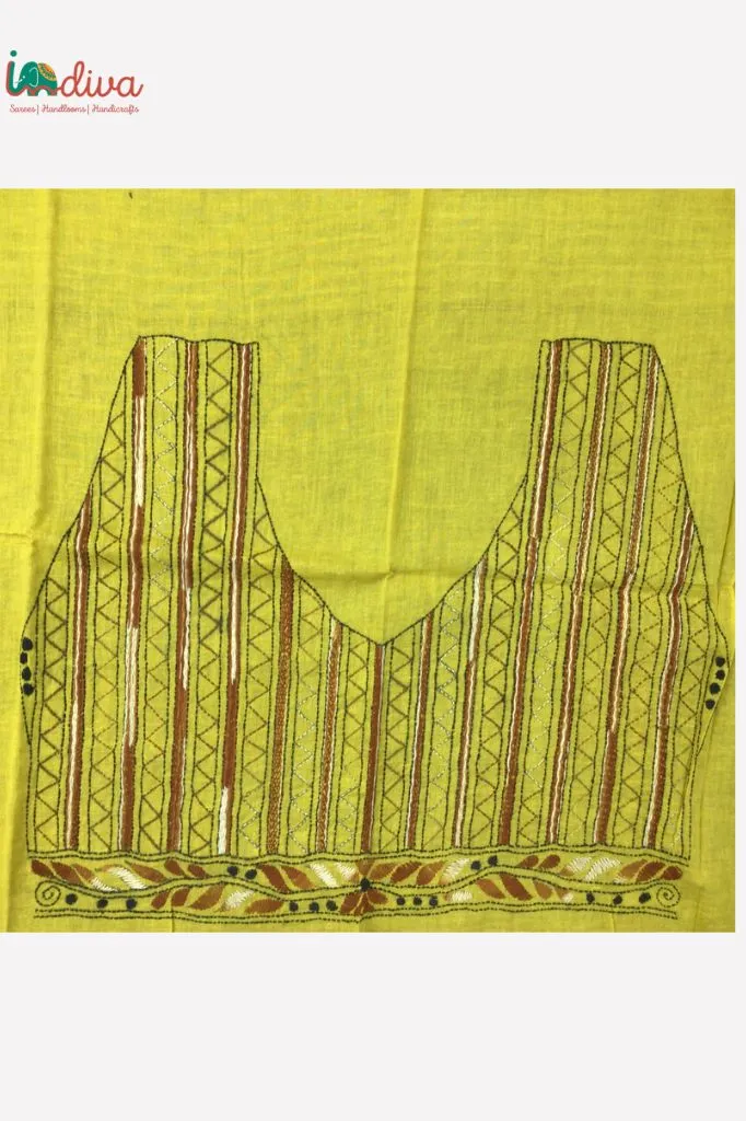 Yellow Kantha Blouse Material With Brown & Black Vertical Stripes